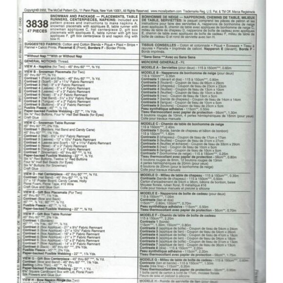 McCalls Sewing Pattern 3838 Placemat Table Runner Centerpiece Napkins - Picture 2 of 2